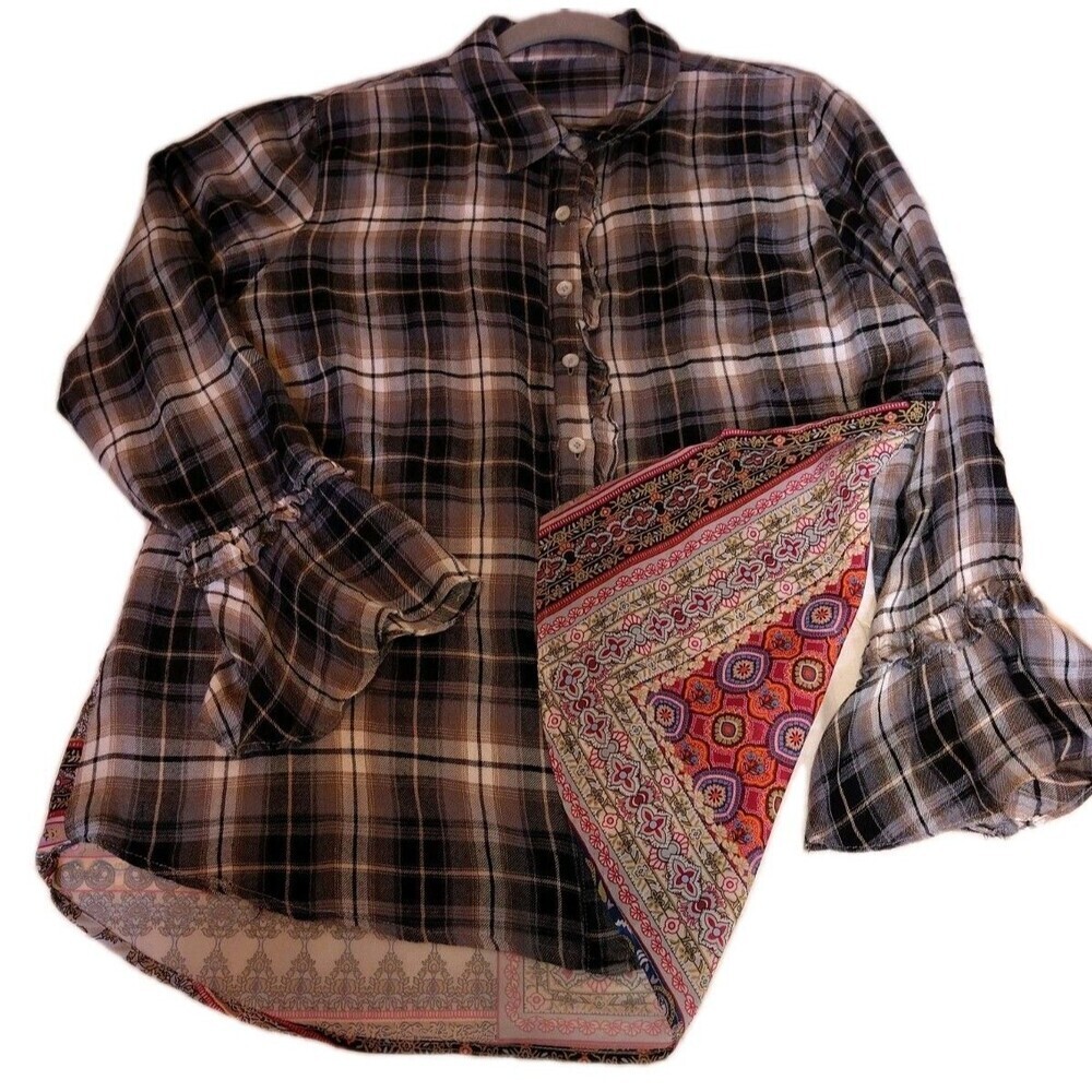 Boho Mixed Media Plaid Button Up Top Ruffle Bell Sleeve Patchwork Back Small